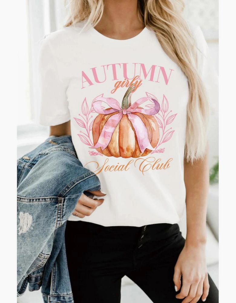 White Autumn Girly Thanksgiving Bowknot Pumpkin Graphic T Shirt