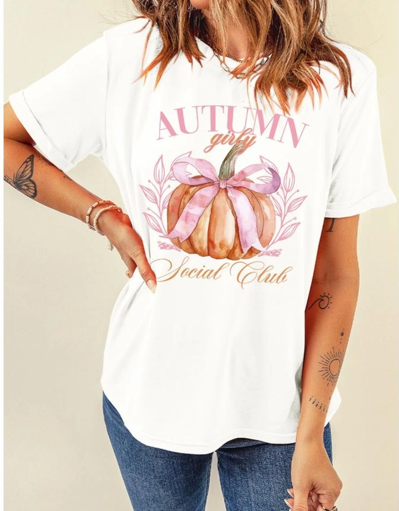 White Autumn Girly Thanksgiving Bowknot Pumpkin Graphic T Shirt