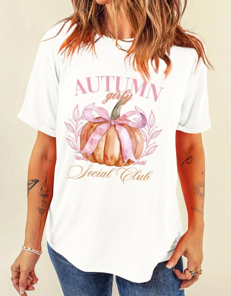 White Autumn Girly Thanksgiving Bowknot Pumpkin Graphic T Shirt