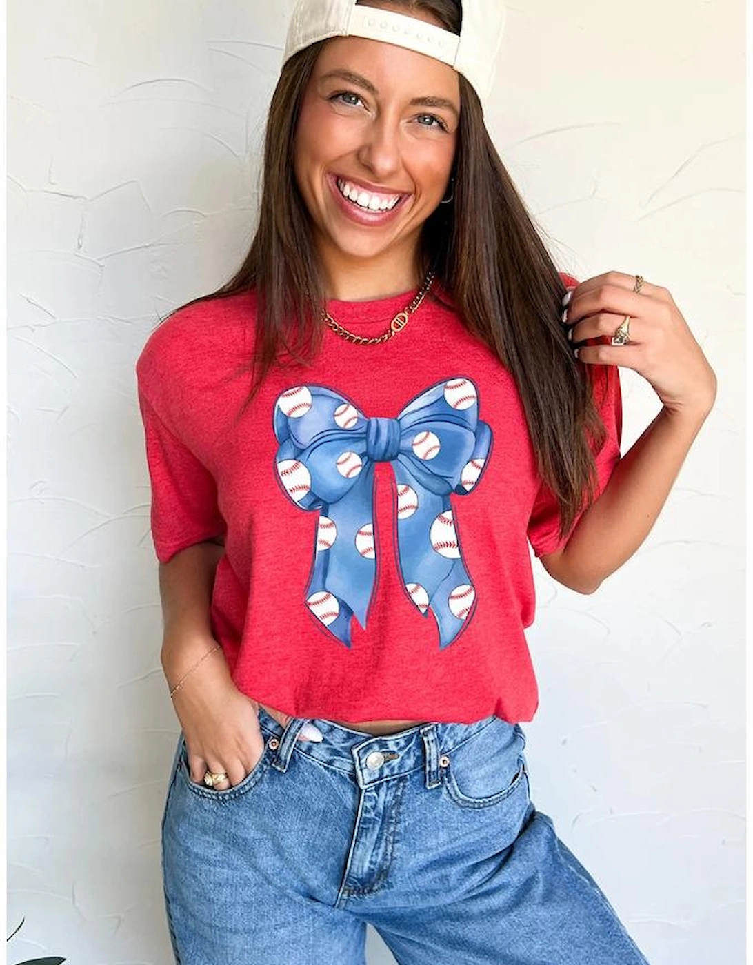 Red Rugby Bowknot Graphic Crew Neck Tee