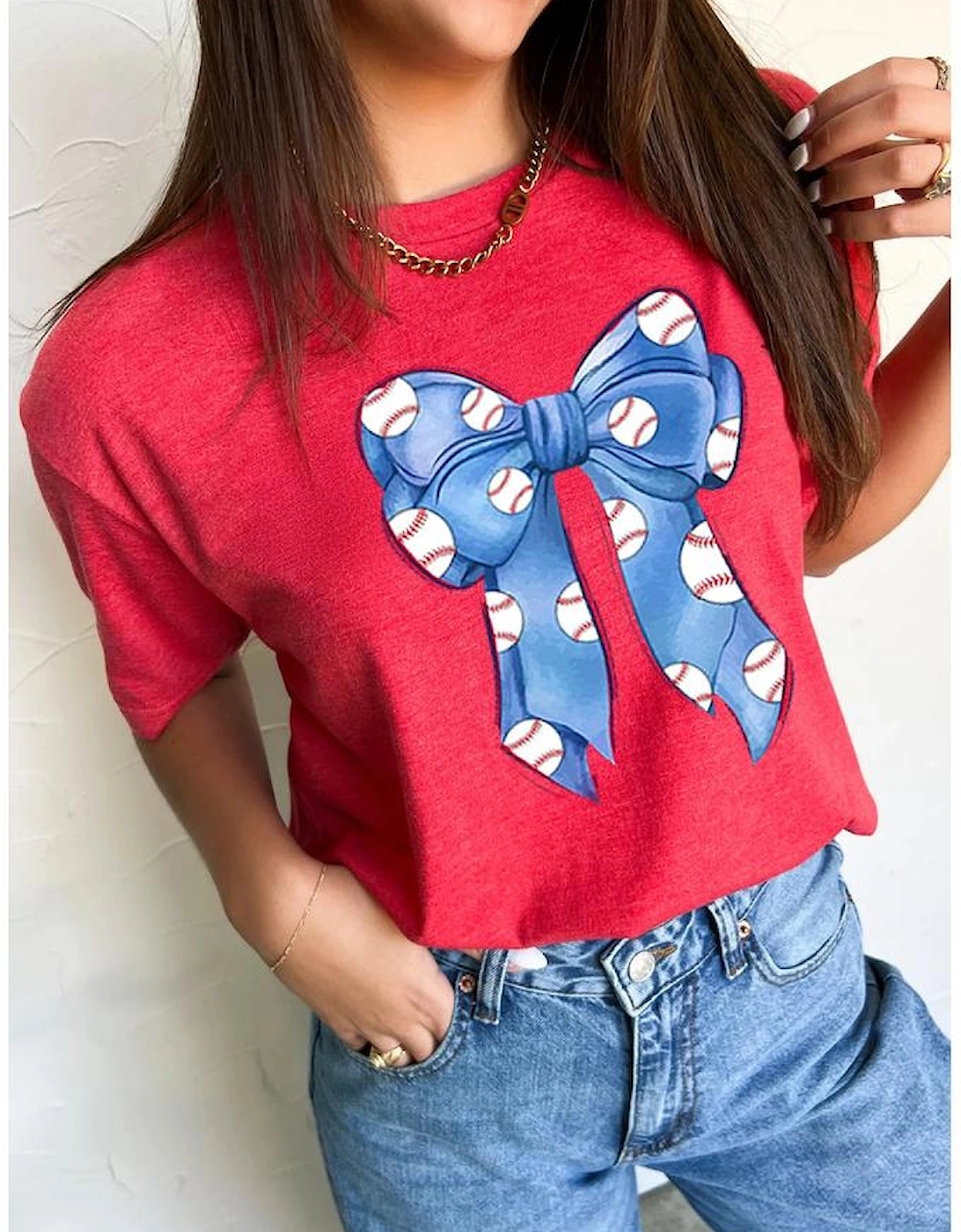Red Rugby Bowknot Graphic Crew Neck Tee