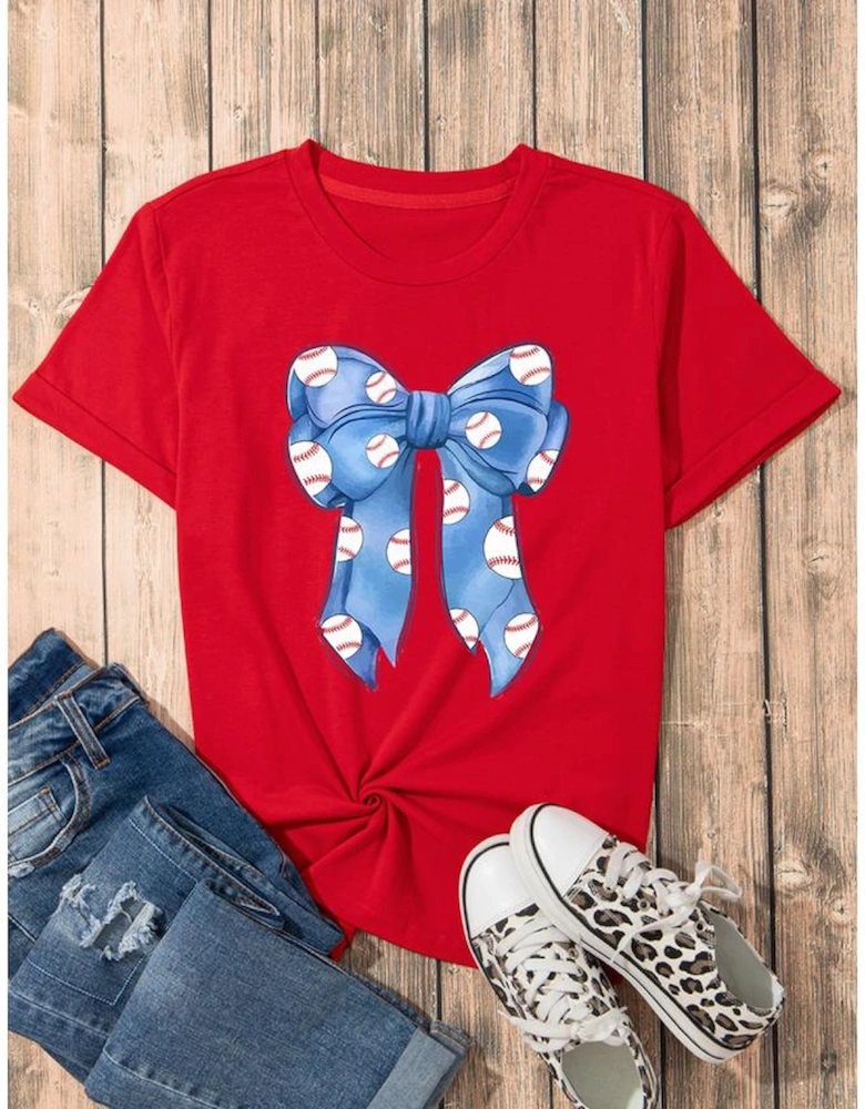 Red Rugby Bowknot Graphic Crew Neck Tee