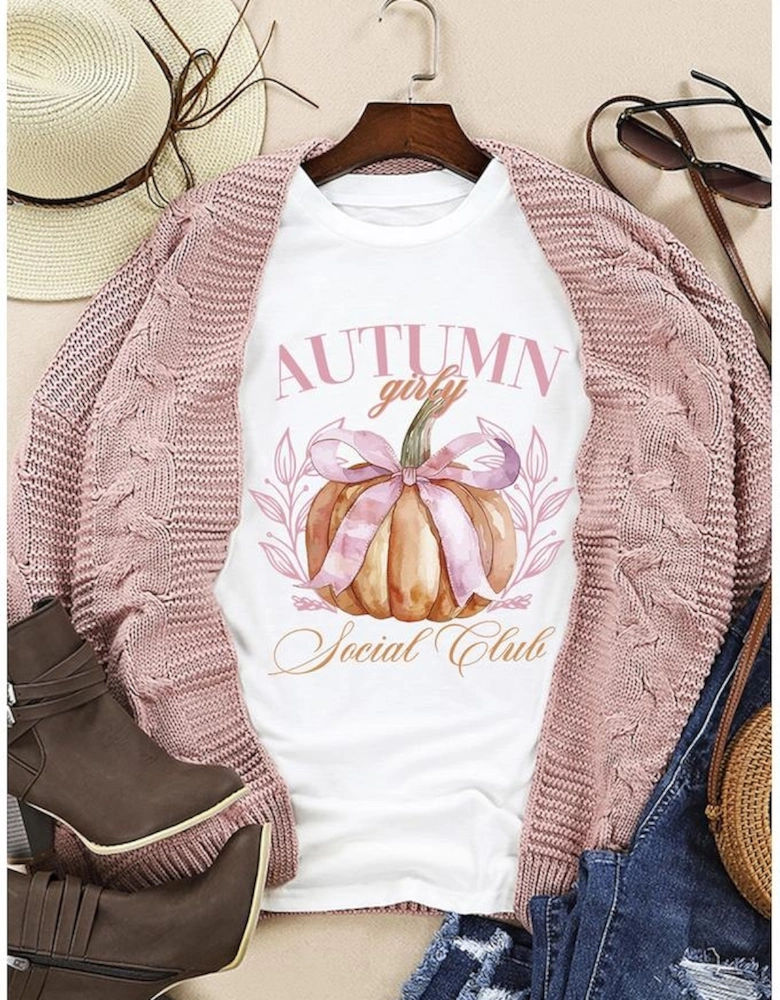 White Autumn Girly Thanksgiving Bowknot Pumpkin Graphic T Shirt
