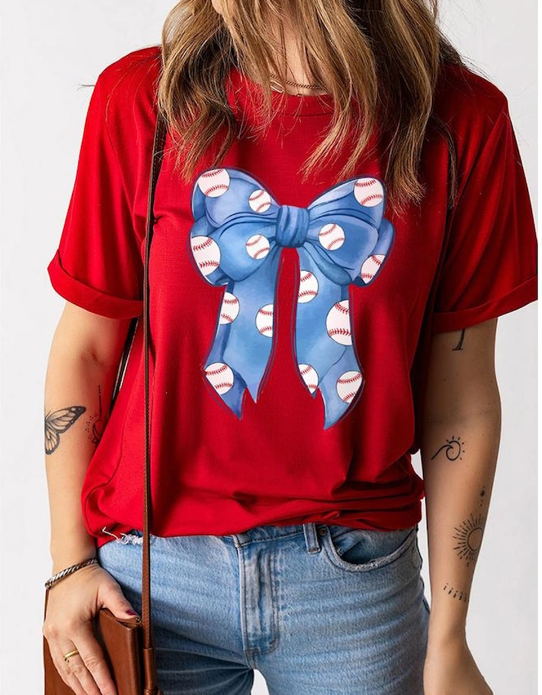 Red Rugby Bowknot Graphic Crew Neck Tee