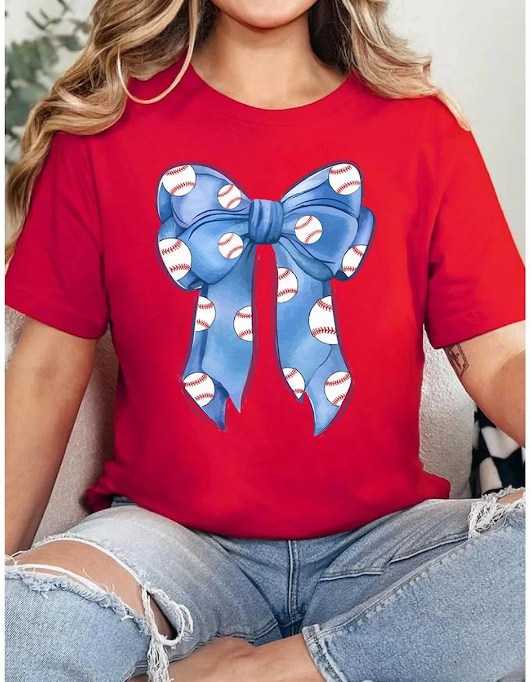 Red Rugby Bowknot Graphic Crew Neck Tee