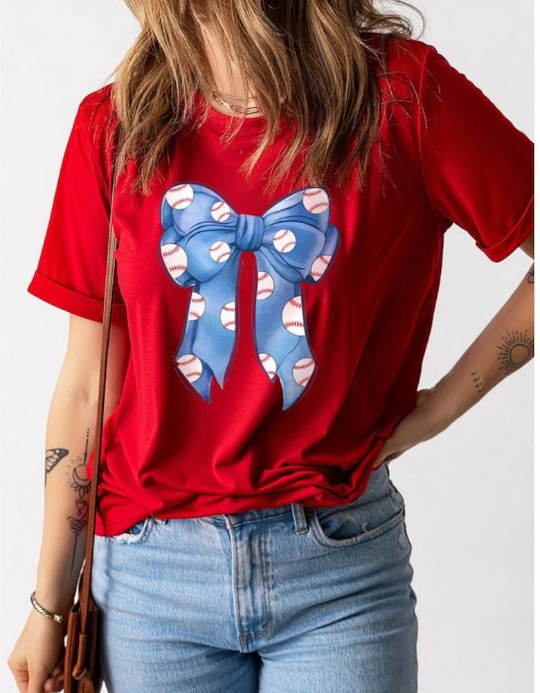 Red Rugby Bowknot Graphic Crew Neck Tee
