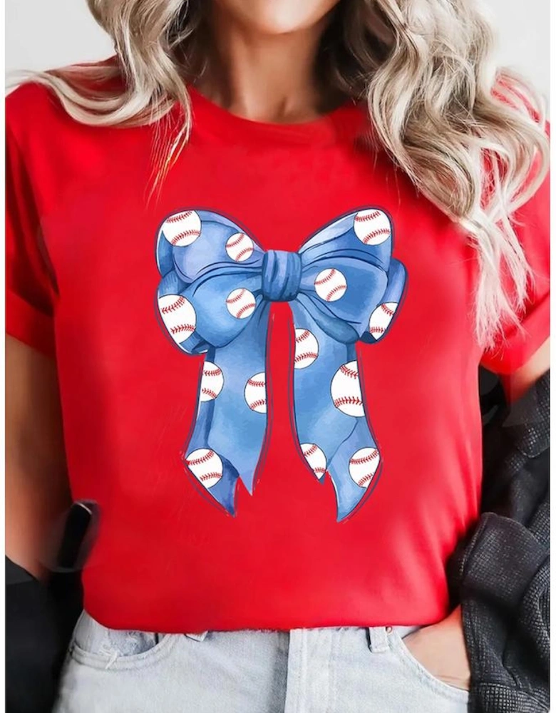 Red Rugby Bowknot Graphic Crew Neck Tee