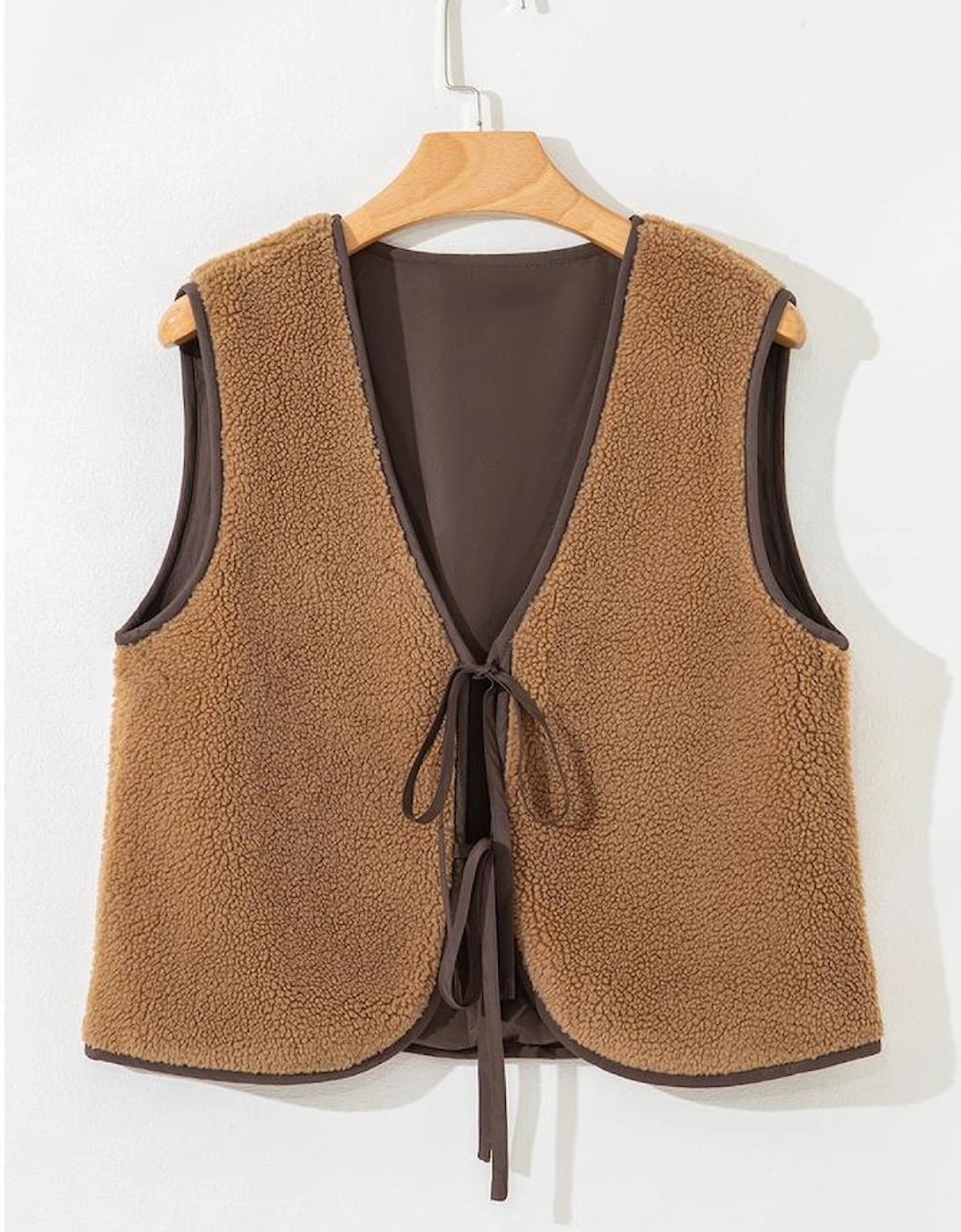 Light French Beige Contrast Trim Tie Front Sherpa Vest