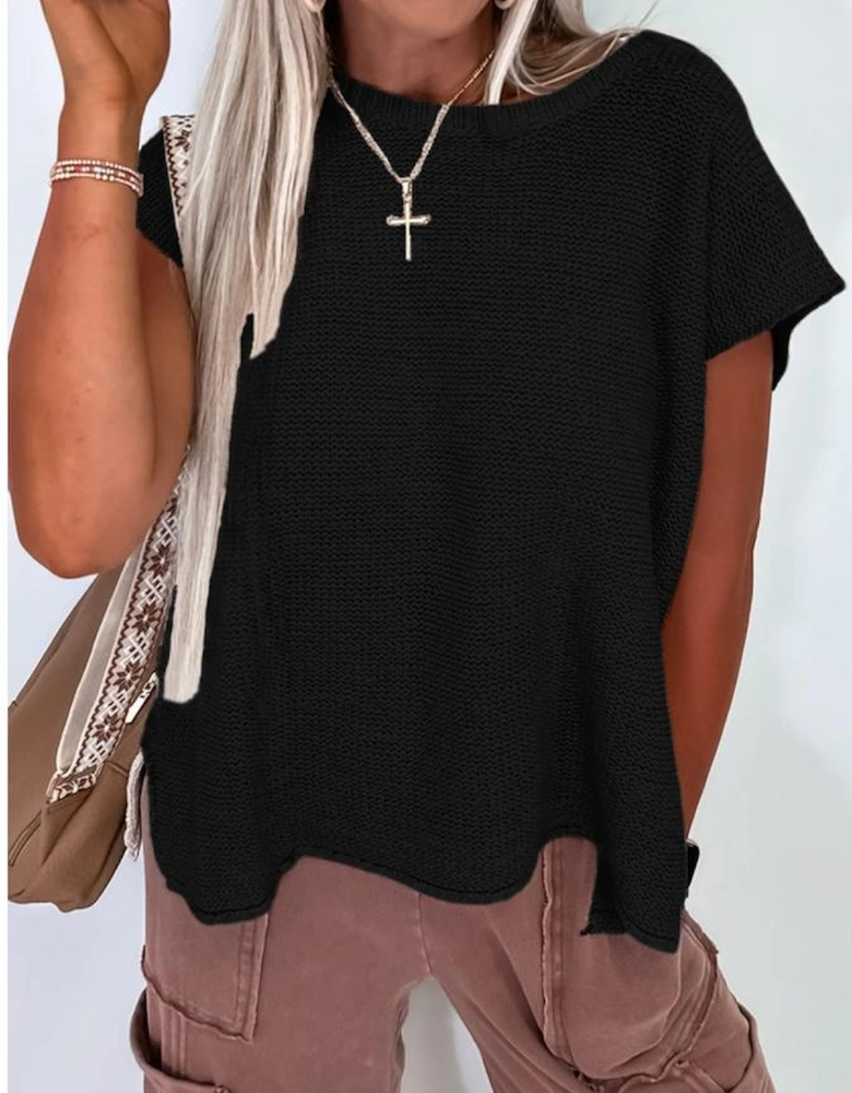 Black Solid Color Sweater Tee with Side Slits