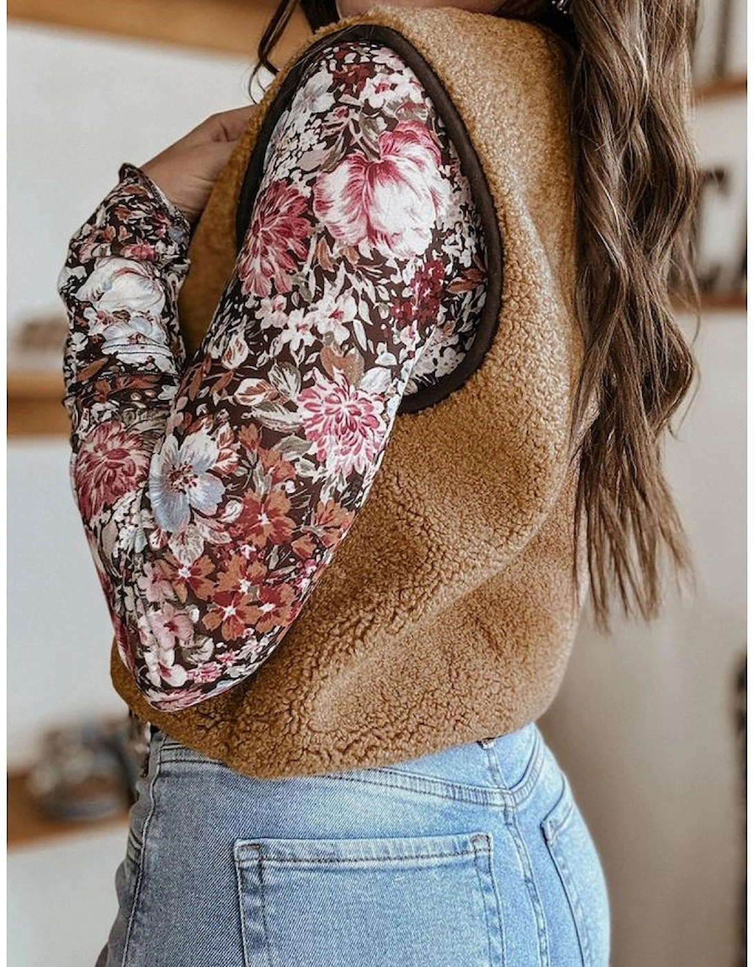 Light French Beige Contrast Trim Tie Front Sherpa Vest, 14 of 13