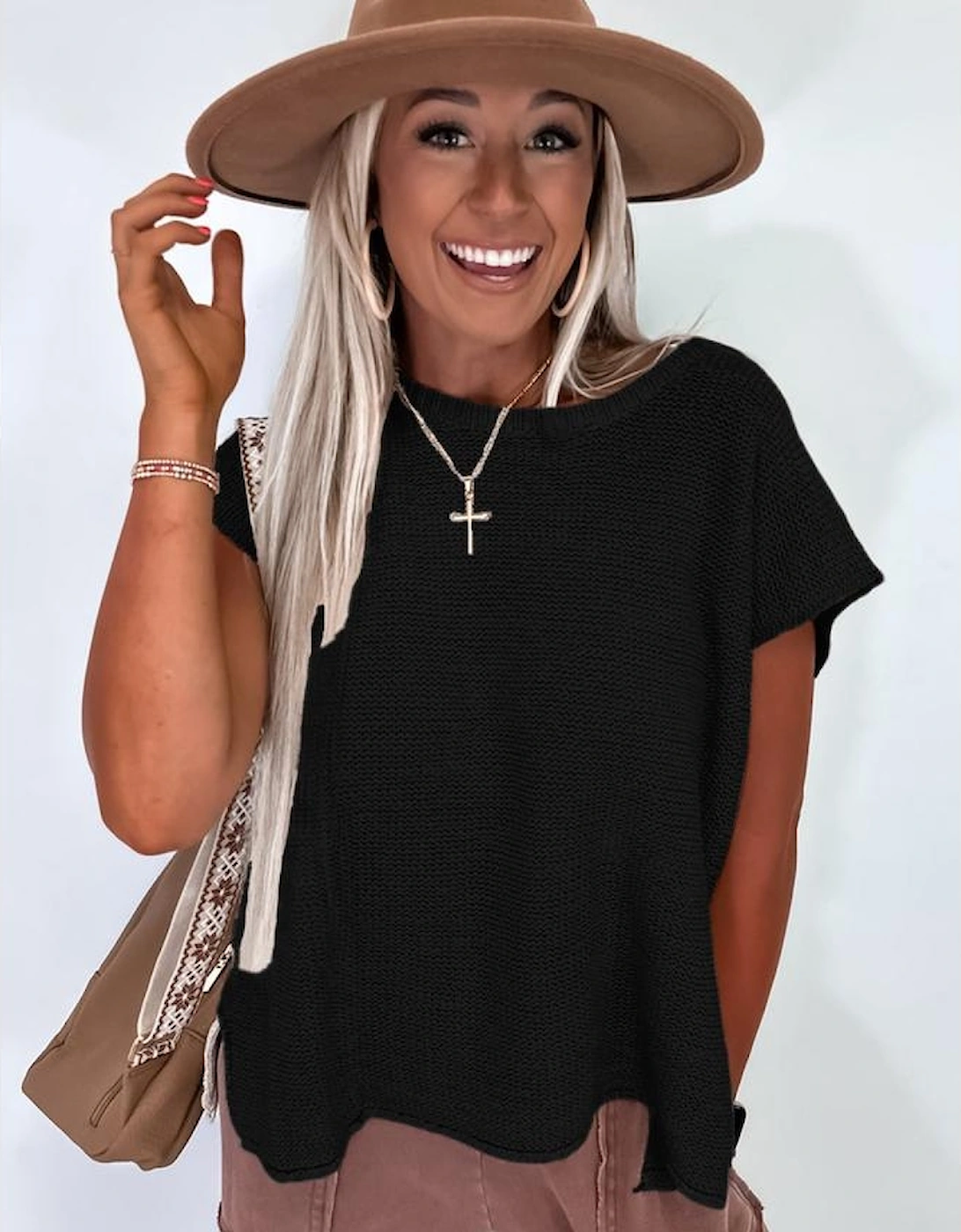 Black Solid Color Sweater Tee with Side Slits