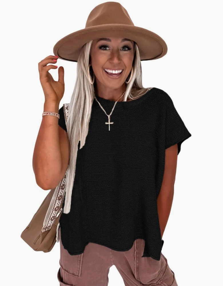 Black Solid Color Sweater Tee with Side Slits