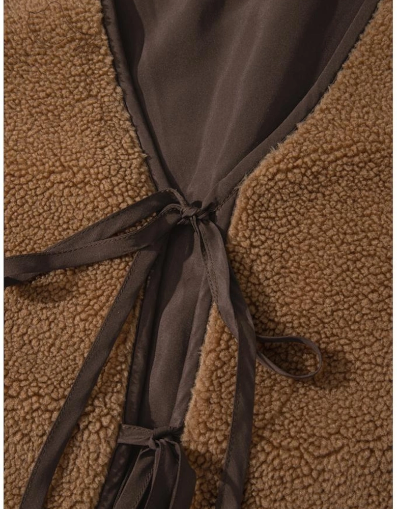 Light French Beige Contrast Trim Tie Front Sherpa Vest