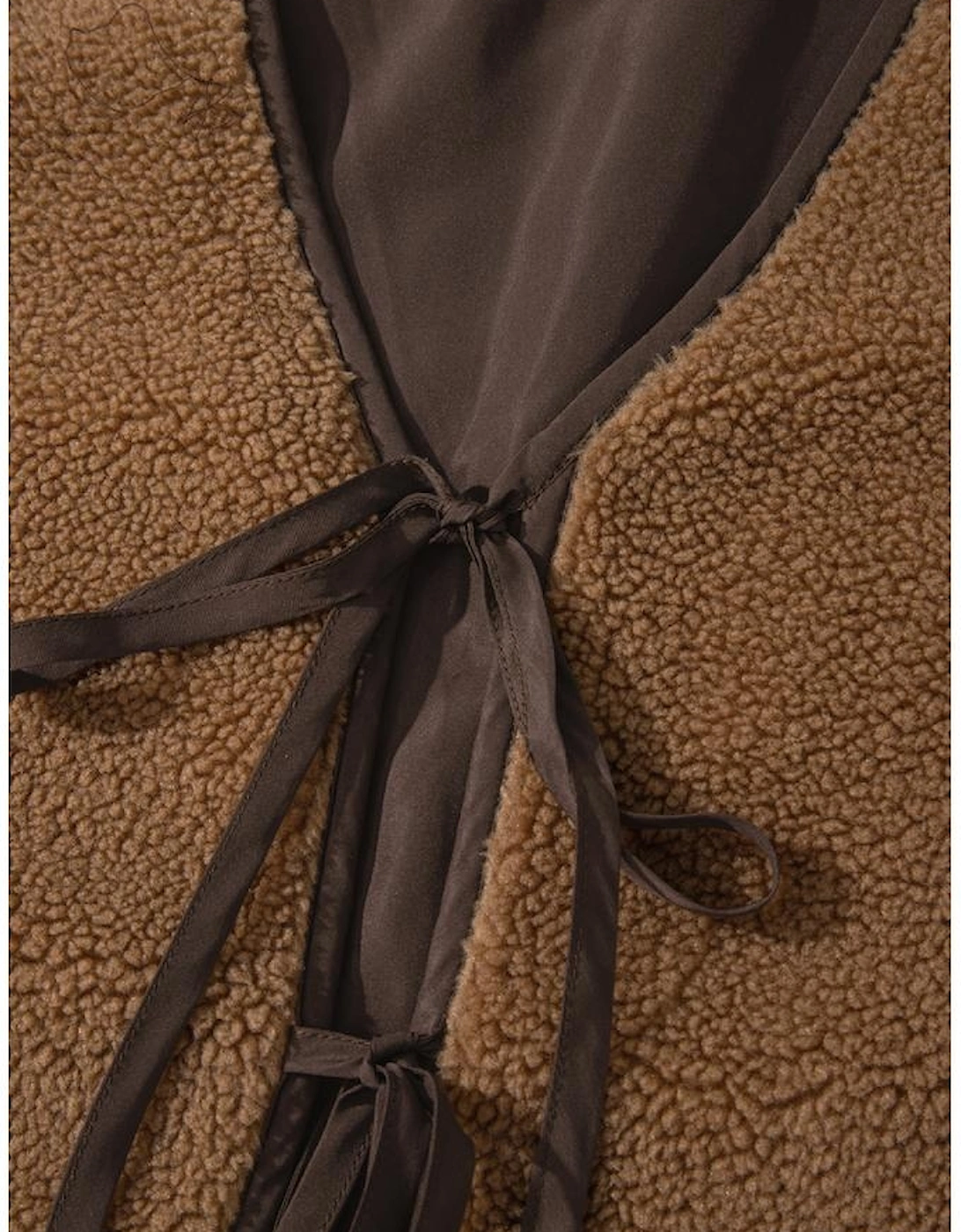 Light French Beige Contrast Trim Tie Front Sherpa Vest