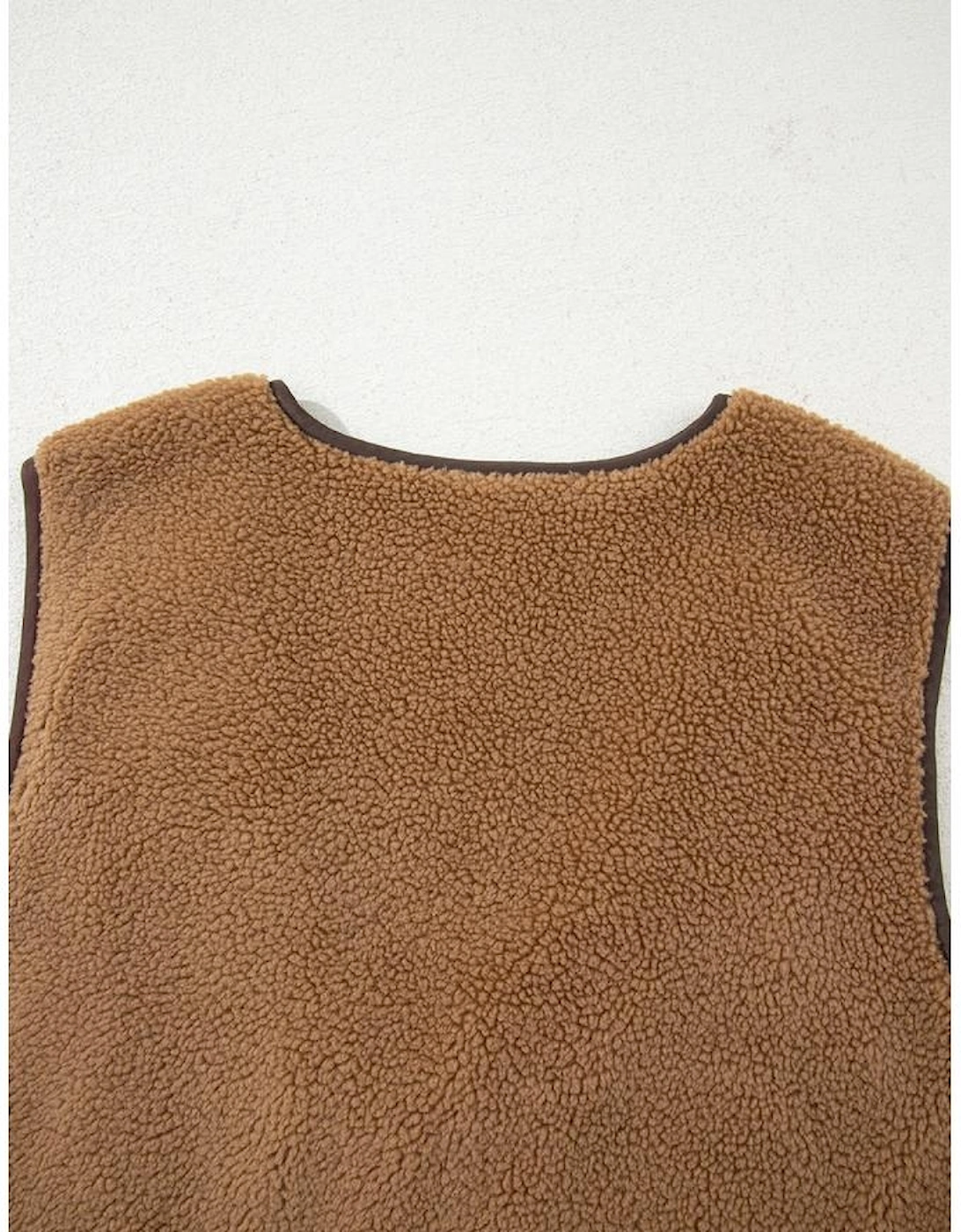 Light French Beige Contrast Trim Tie Front Sherpa Vest
