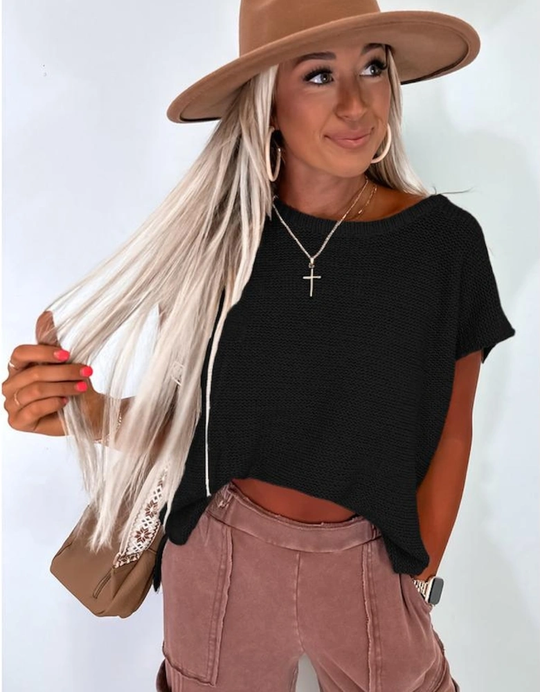 Black Solid Color Sweater Tee with Side Slits