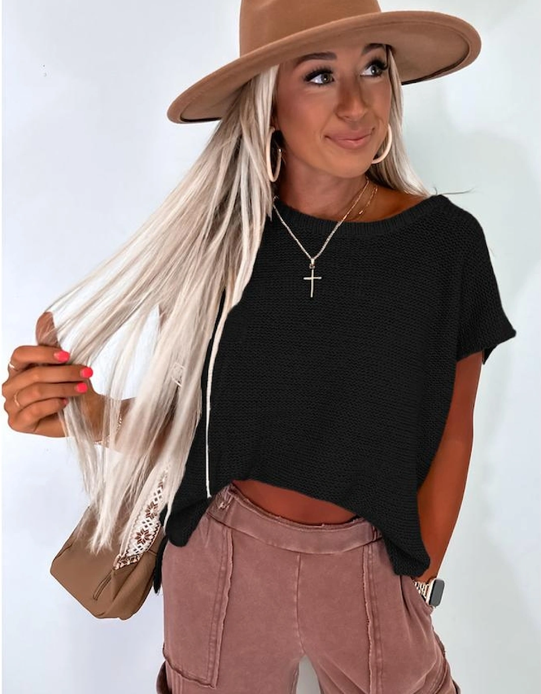 Black Solid Color Sweater Tee with Side Slits