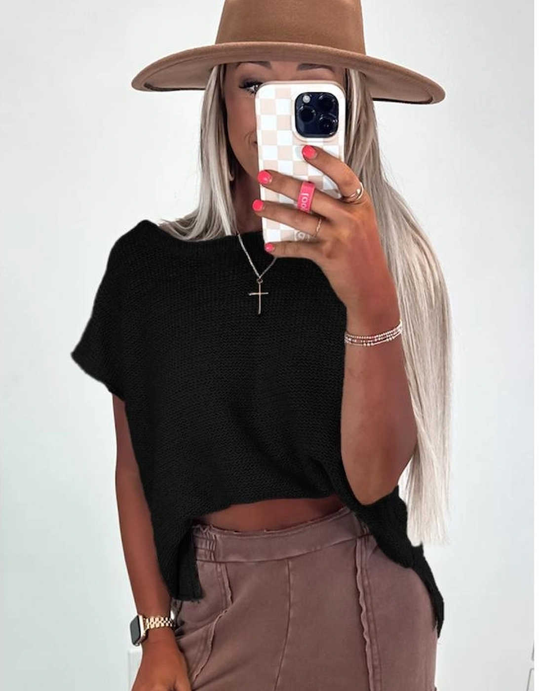 Black Solid Color Sweater Tee with Side Slits