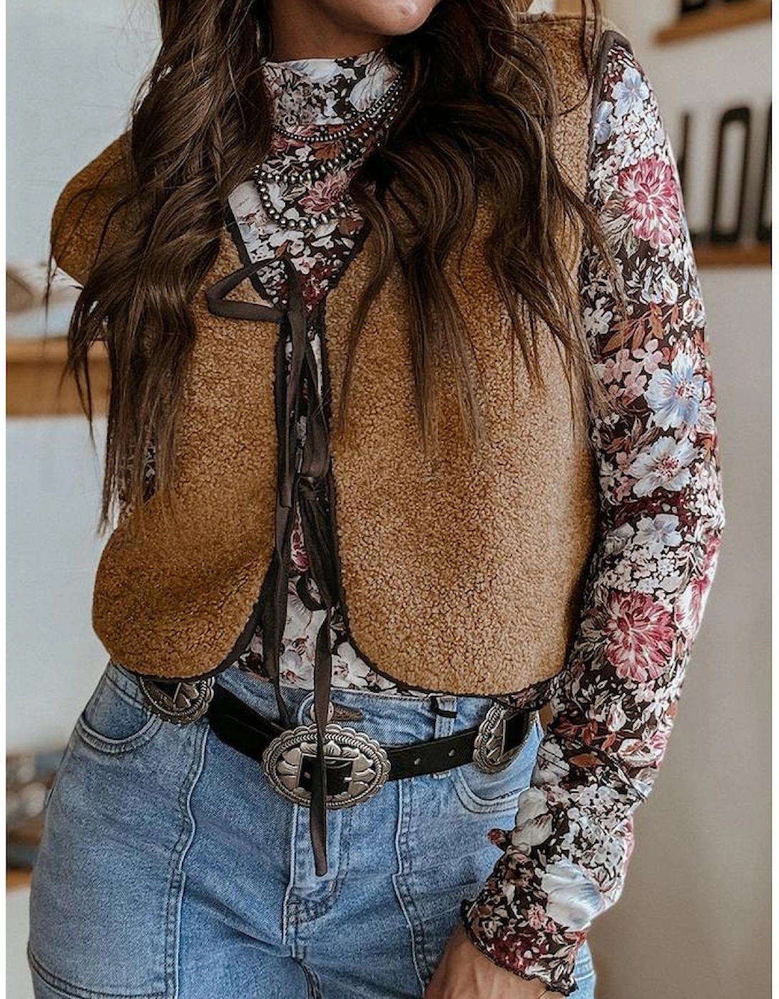 Light French Beige Contrast Trim Tie Front Sherpa Vest