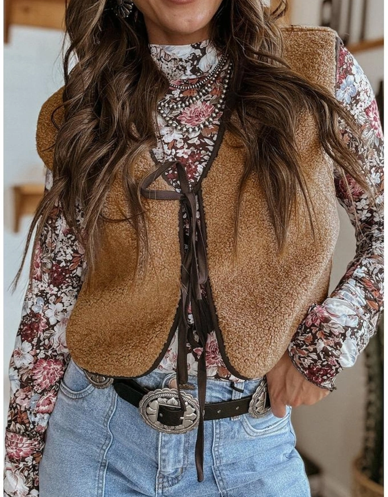Light French Beige Contrast Trim Tie Front Sherpa Vest