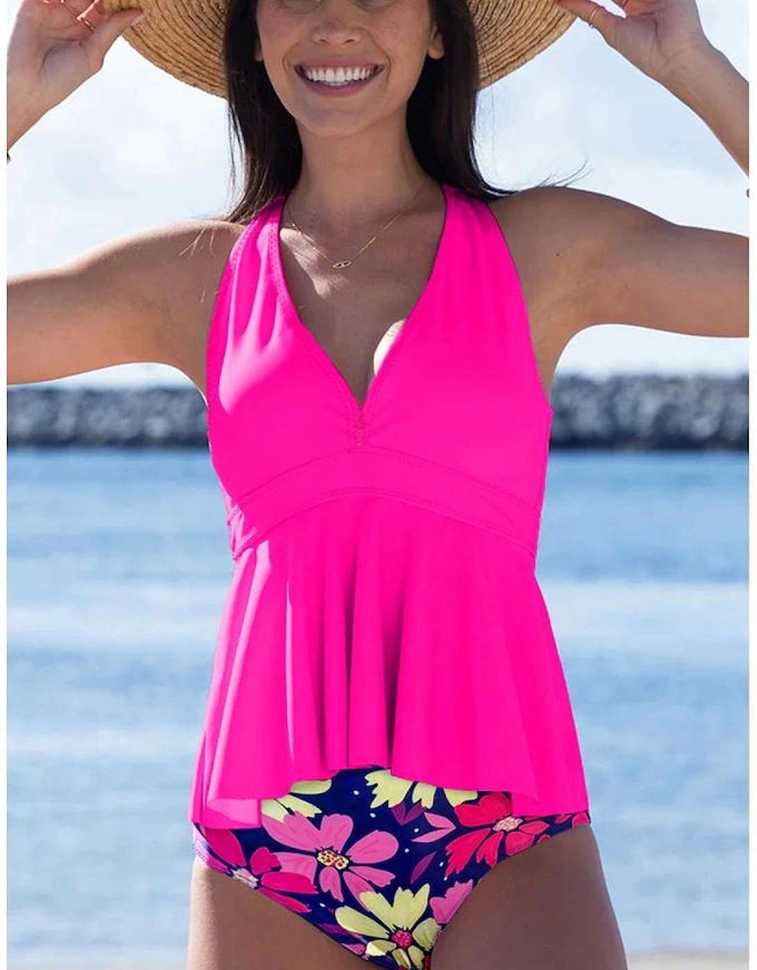 Rose V Neck Ruffled Hem Floral Bottom Tankini Set
