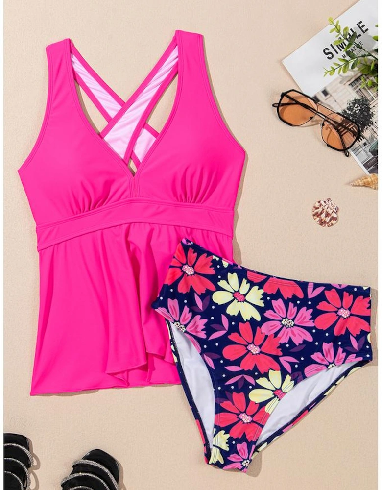 Rose V Neck Ruffled Hem Floral Bottom Tankini Set