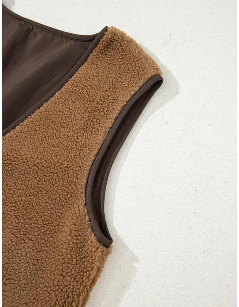 Light French Beige Contrast Trim Tie Front Sherpa Vest