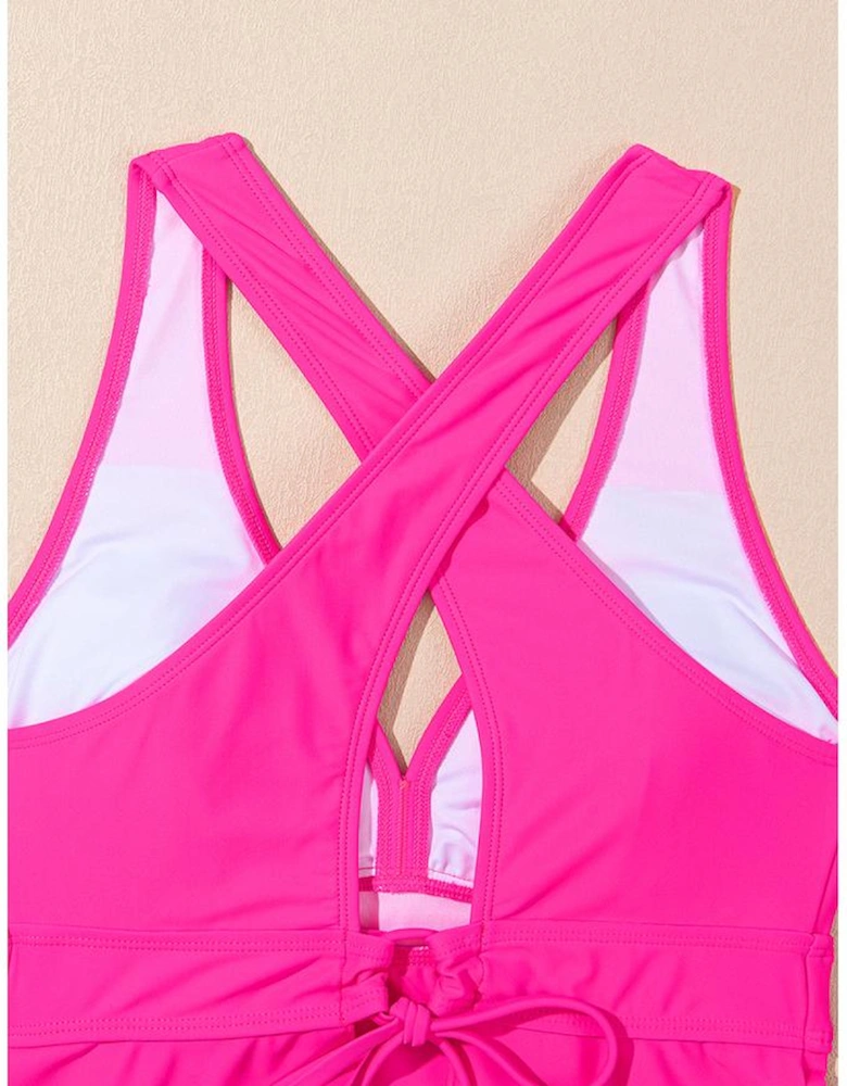 Rose V Neck Ruffled Hem Floral Bottom Tankini Set