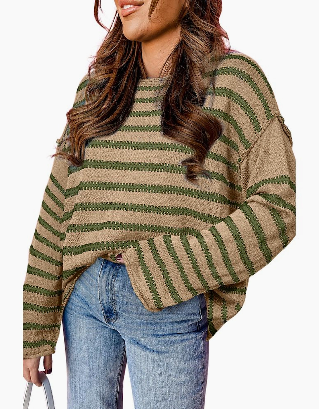 Khaki Stripe Drop Shoulder Casual Sweater