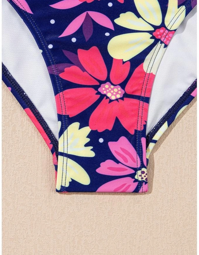 Rose V Neck Ruffled Hem Floral Bottom Tankini Set