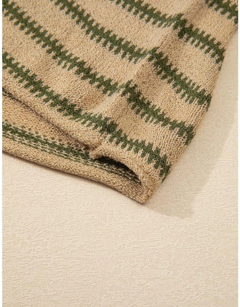 Khaki Stripe Drop Shoulder Casual Sweater