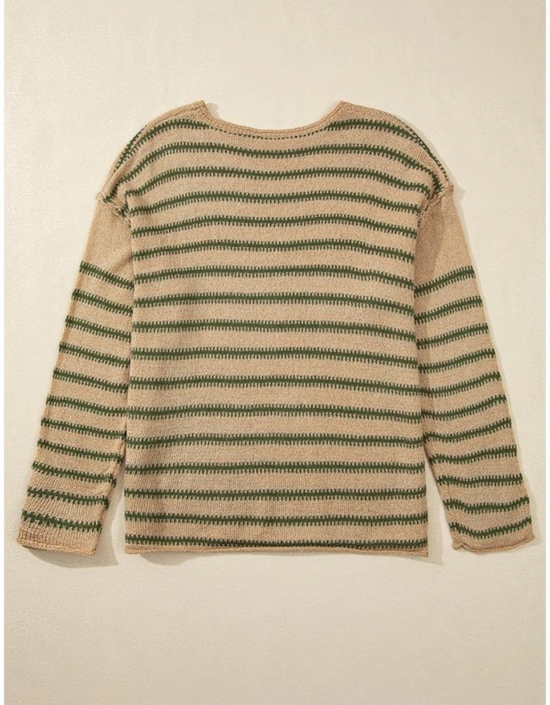 Khaki Stripe Drop Shoulder Casual Sweater