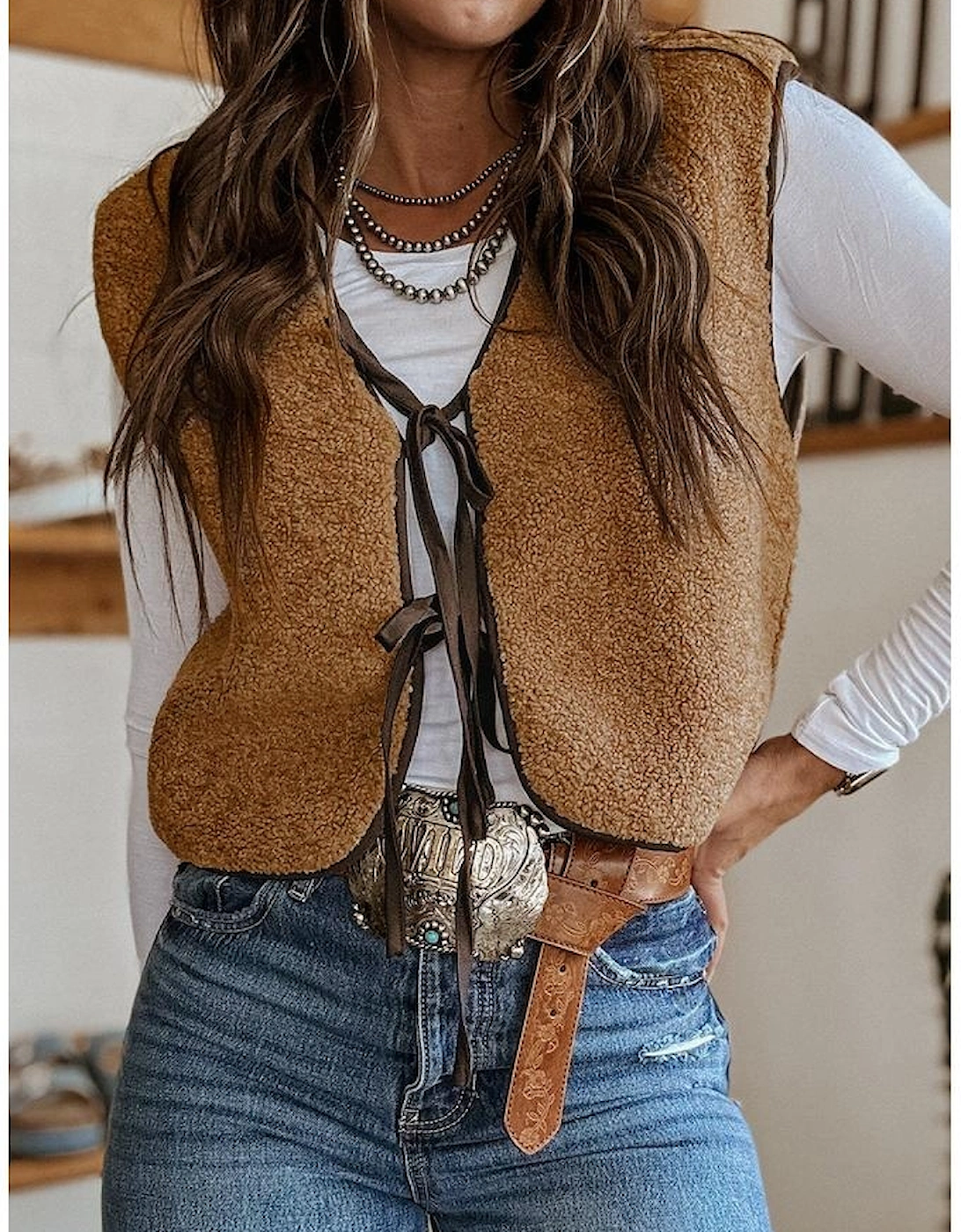 Light French Beige Contrast Trim Tie Front Sherpa Vest