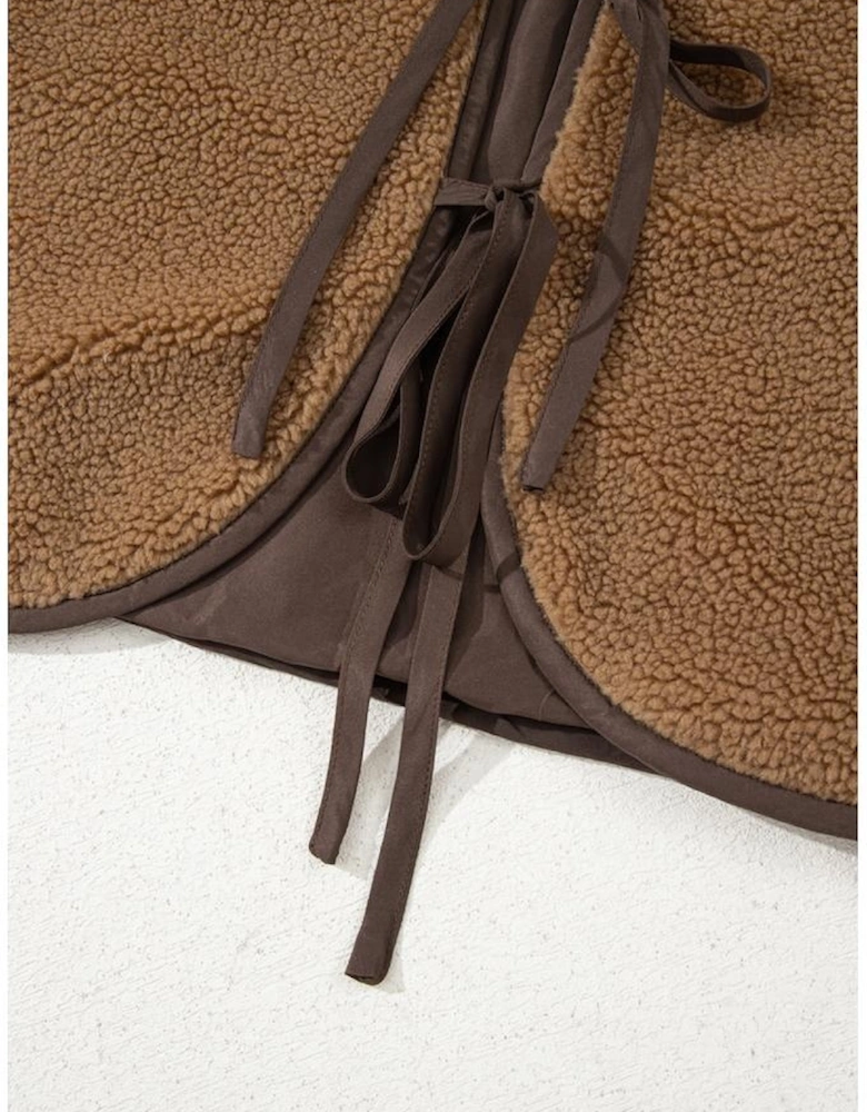 Light French Beige Contrast Trim Tie Front Sherpa Vest