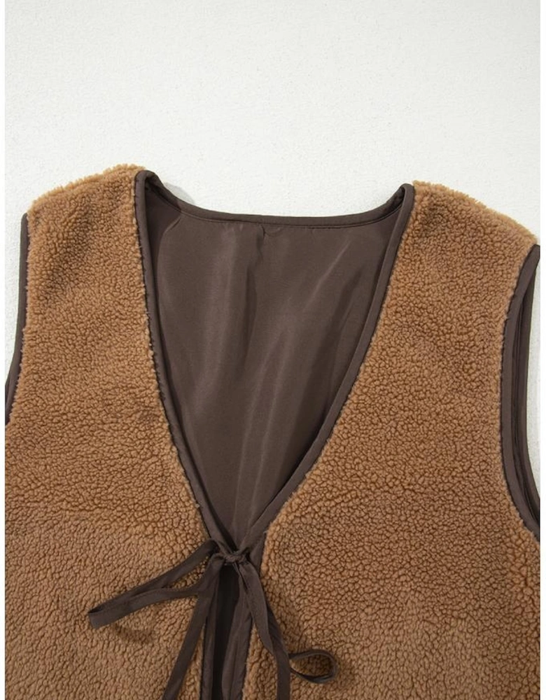 Light French Beige Contrast Trim Tie Front Sherpa Vest