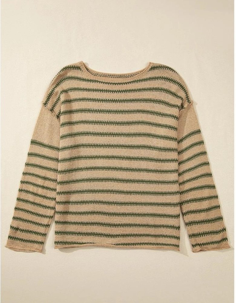 Khaki Stripe Drop Shoulder Casual Sweater
