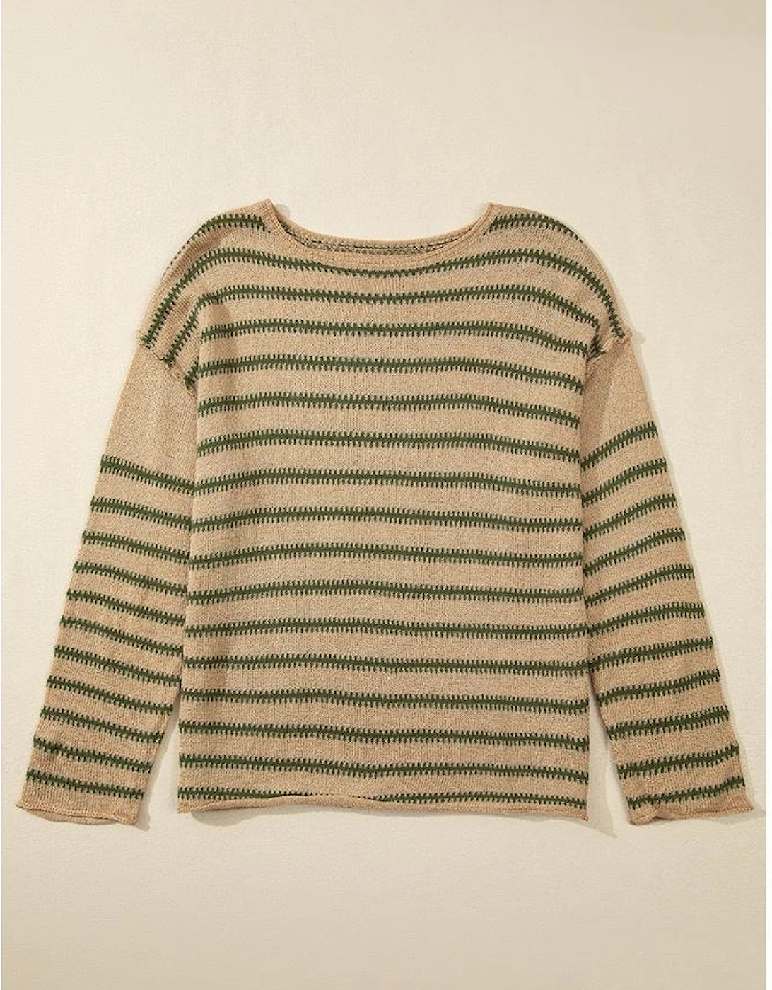 Khaki Stripe Drop Shoulder Casual Sweater