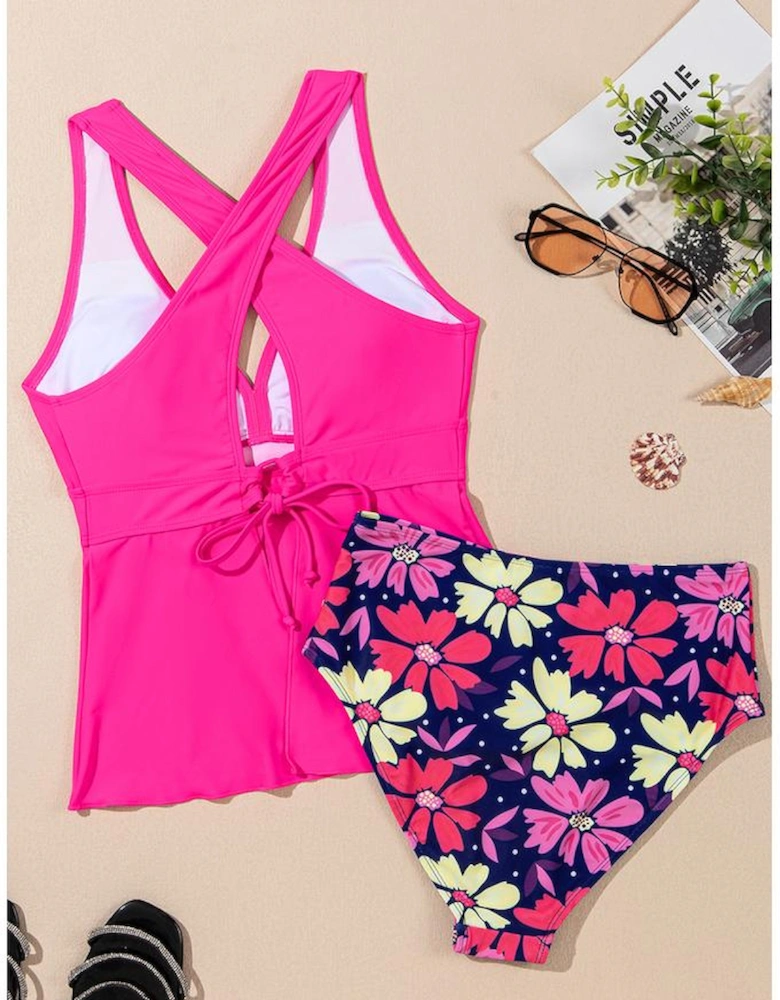 Rose V Neck Ruffled Hem Floral Bottom Tankini Set