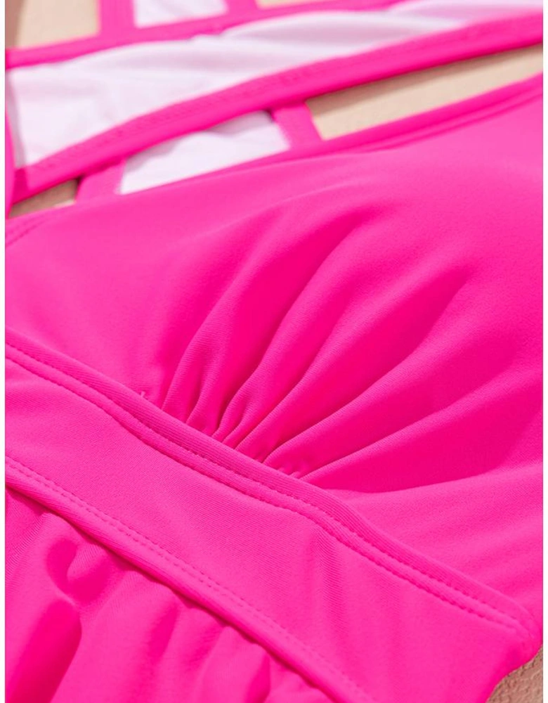 Rose V Neck Ruffled Hem Floral Bottom Tankini Set