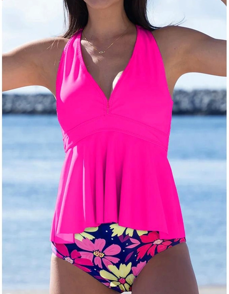 Rose V Neck Ruffled Hem Floral Bottom Tankini Set