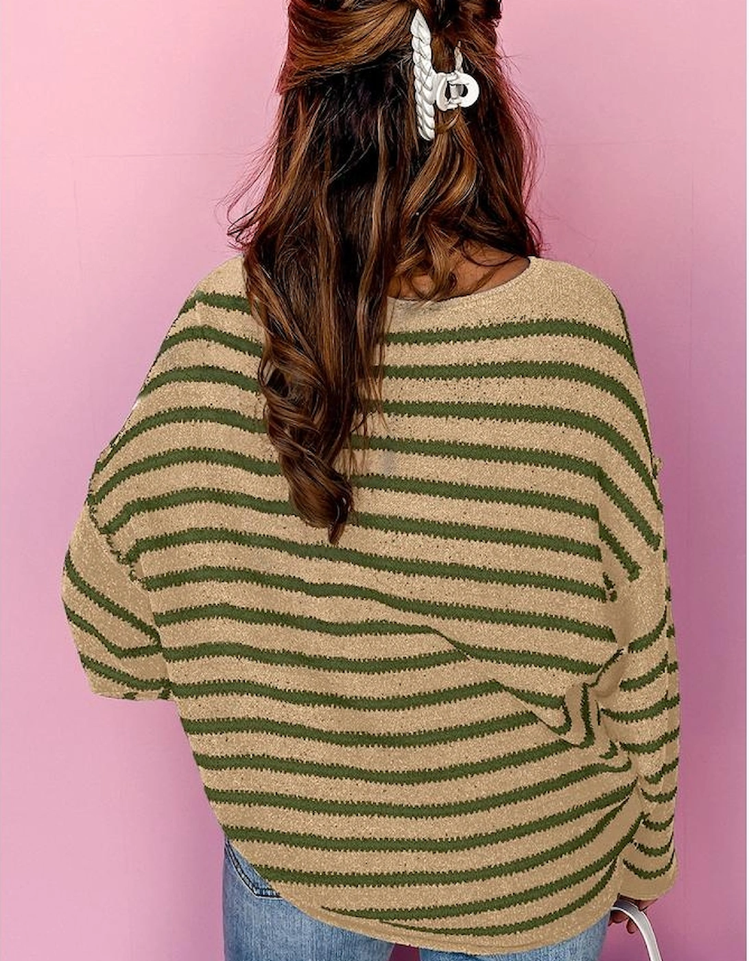 Khaki Stripe Drop Shoulder Casual Sweater, 11 of 10