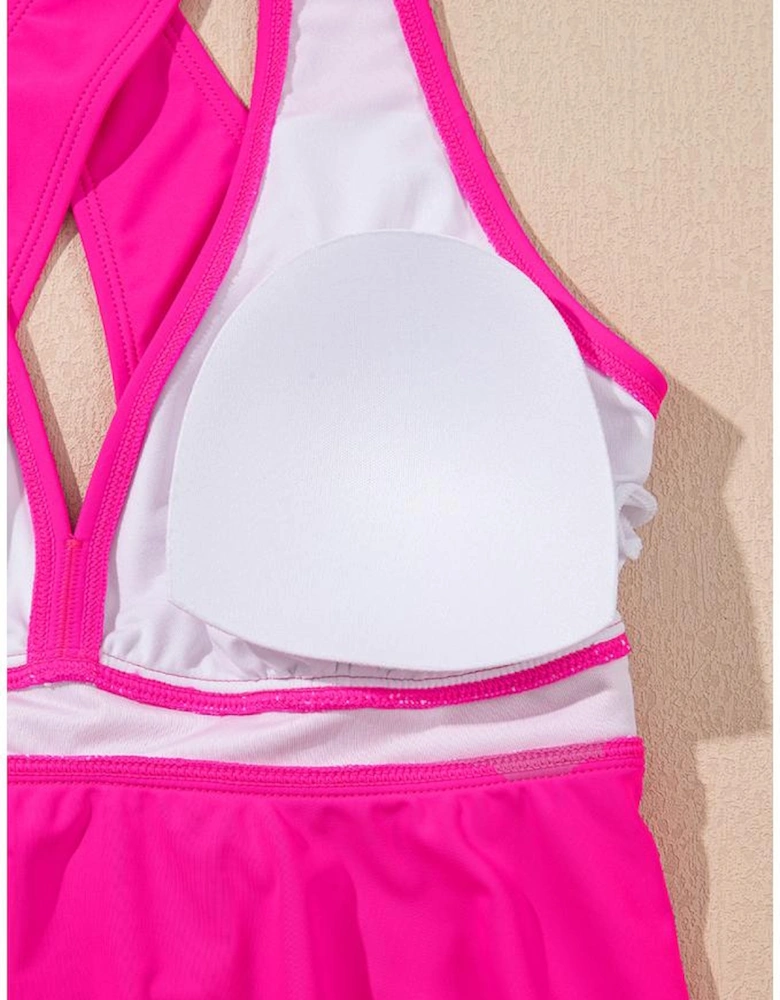 Rose V Neck Ruffled Hem Floral Bottom Tankini Set