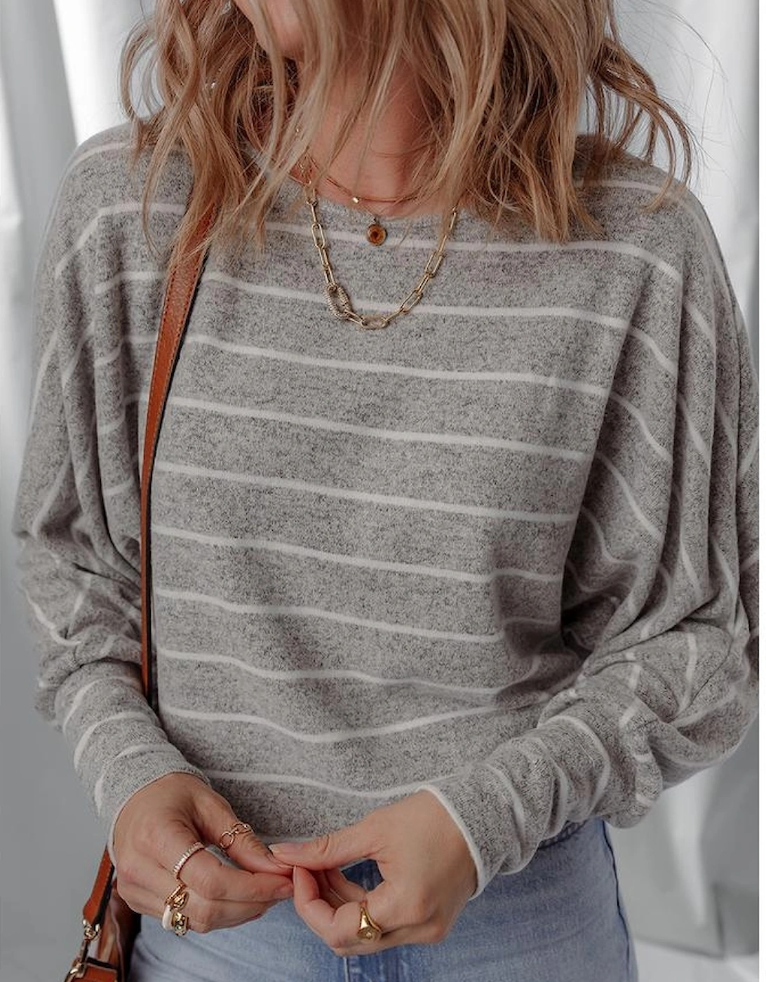 Gray Stripe Dolman Sleeve Drop Shoulder Top