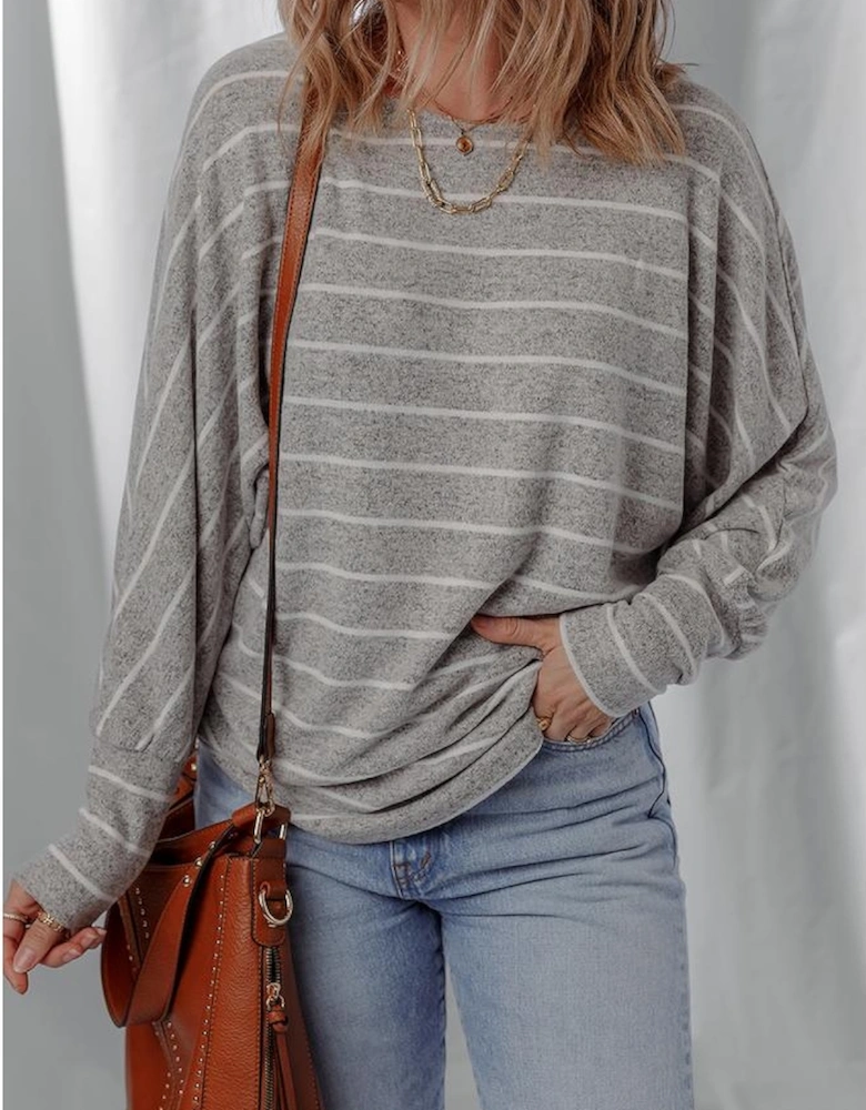 Gray Stripe Dolman Sleeve Drop Shoulder Top