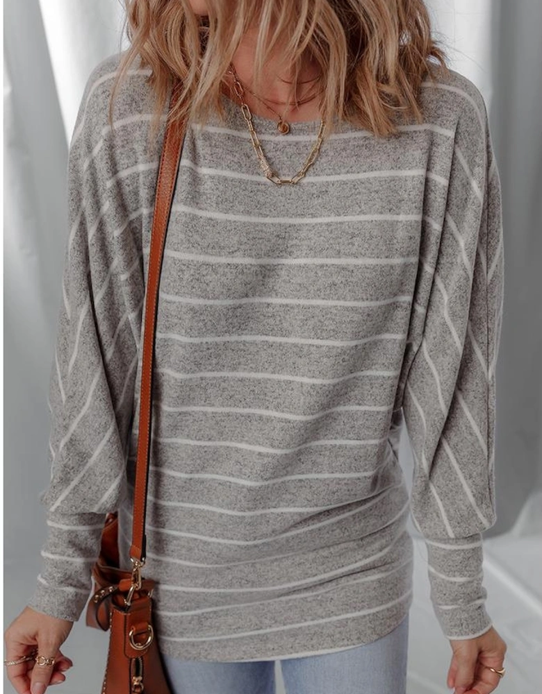 Gray Stripe Dolman Sleeve Drop Shoulder Top