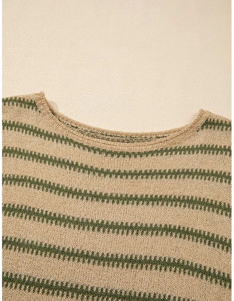 Khaki Stripe Drop Shoulder Casual Sweater