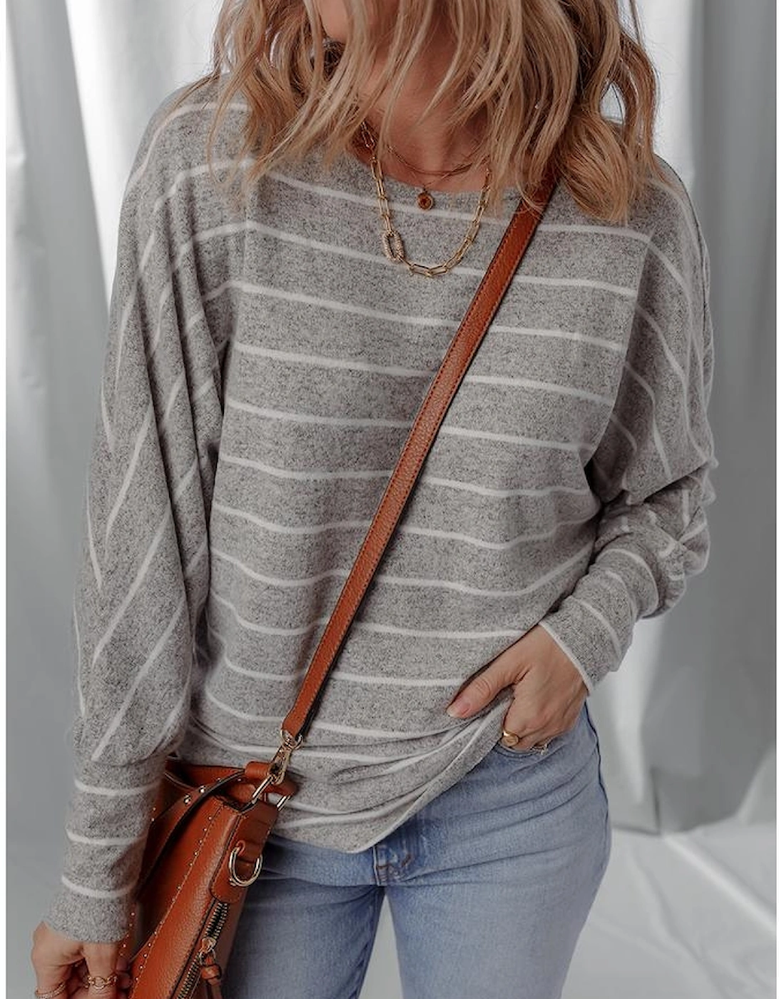 Gray Stripe Dolman Sleeve Drop Shoulder Top