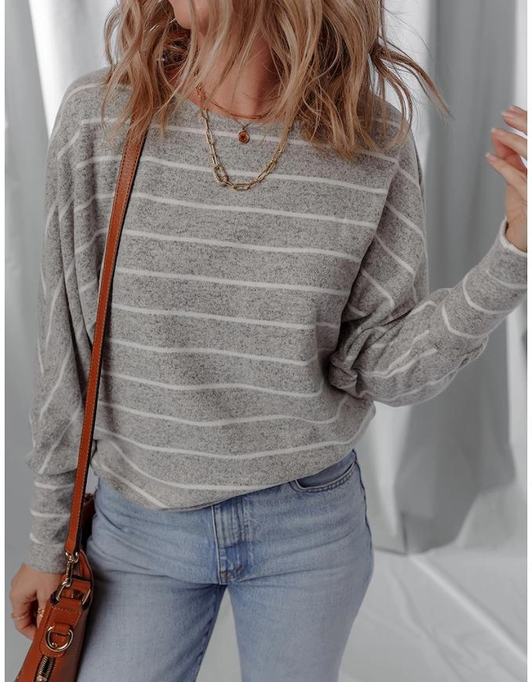 Gray Stripe Dolman Sleeve Drop Shoulder Top