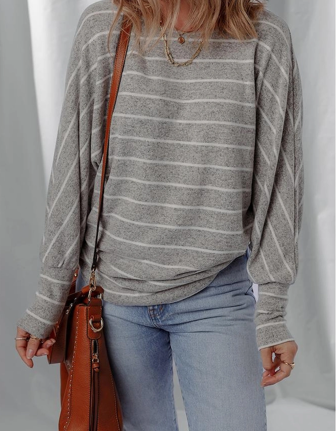 Gray Stripe Dolman Sleeve Drop Shoulder Top