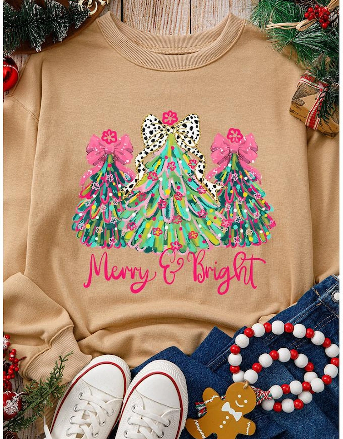 Khaki Merry & Bright Christmas Tree Print Pullover Sweatshirt, 6 of 5